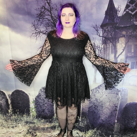 Dresses & Skirts - Gothic black lace bell sleeve mini dress sz XL